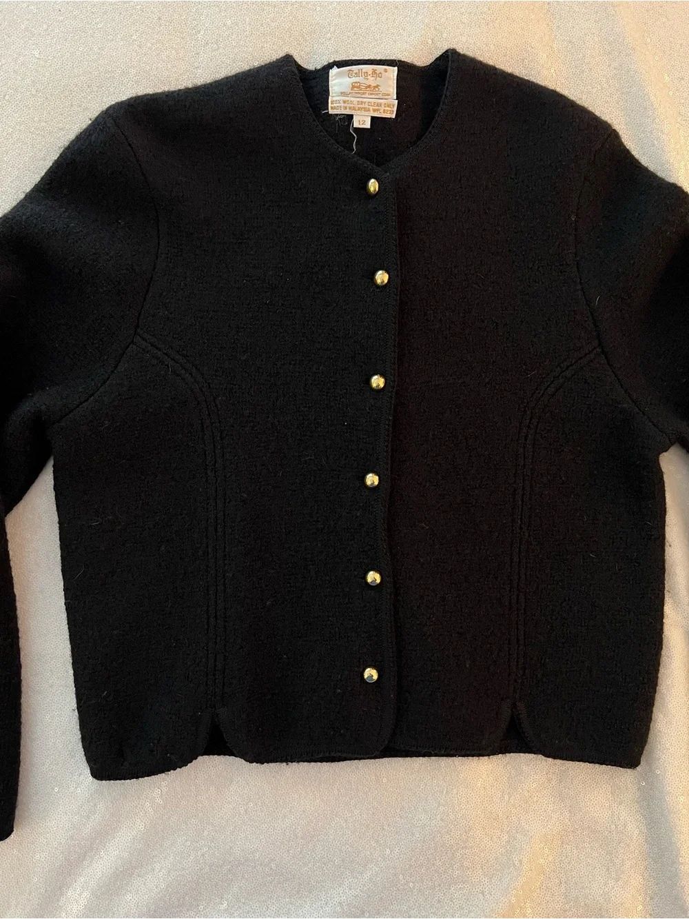 Vintage 1990s Tally Ho Black Cardigan Jacket with Gold Buttons and Scalloped Hem